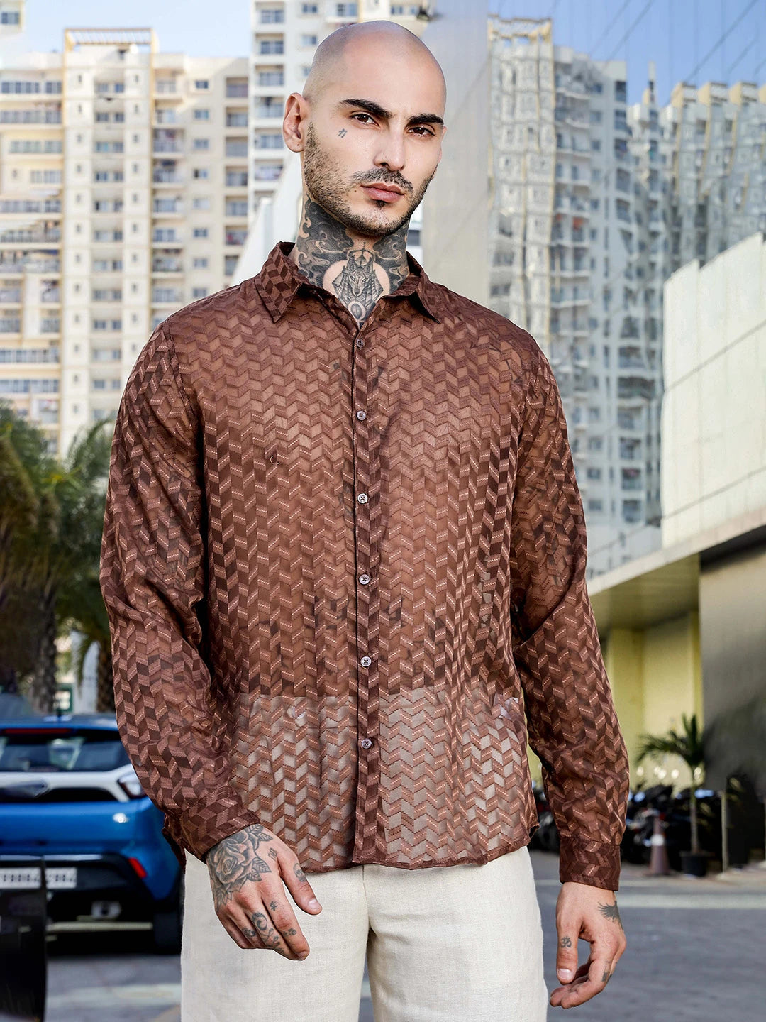 House Of Koala Brown Classic Semi Sheer Georgette Relaxed Fit Shirt