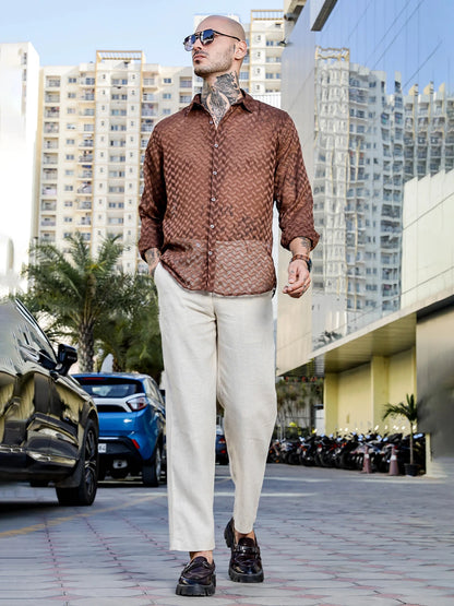 House Of Koala Brown Classic Semi Sheer Georgette Relaxed Fit Shirt
