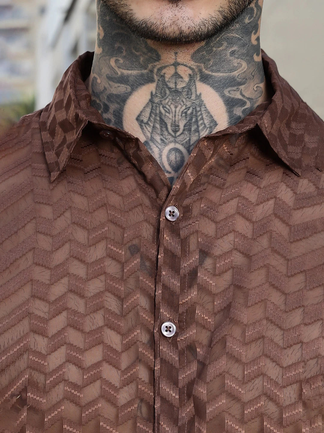 House Of Koala Brown Classic Semi Sheer Georgette Relaxed Fit Shirt