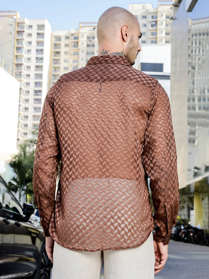House Of Koala Brown Classic Semi Sheer Georgette Relaxed Fit Shirt