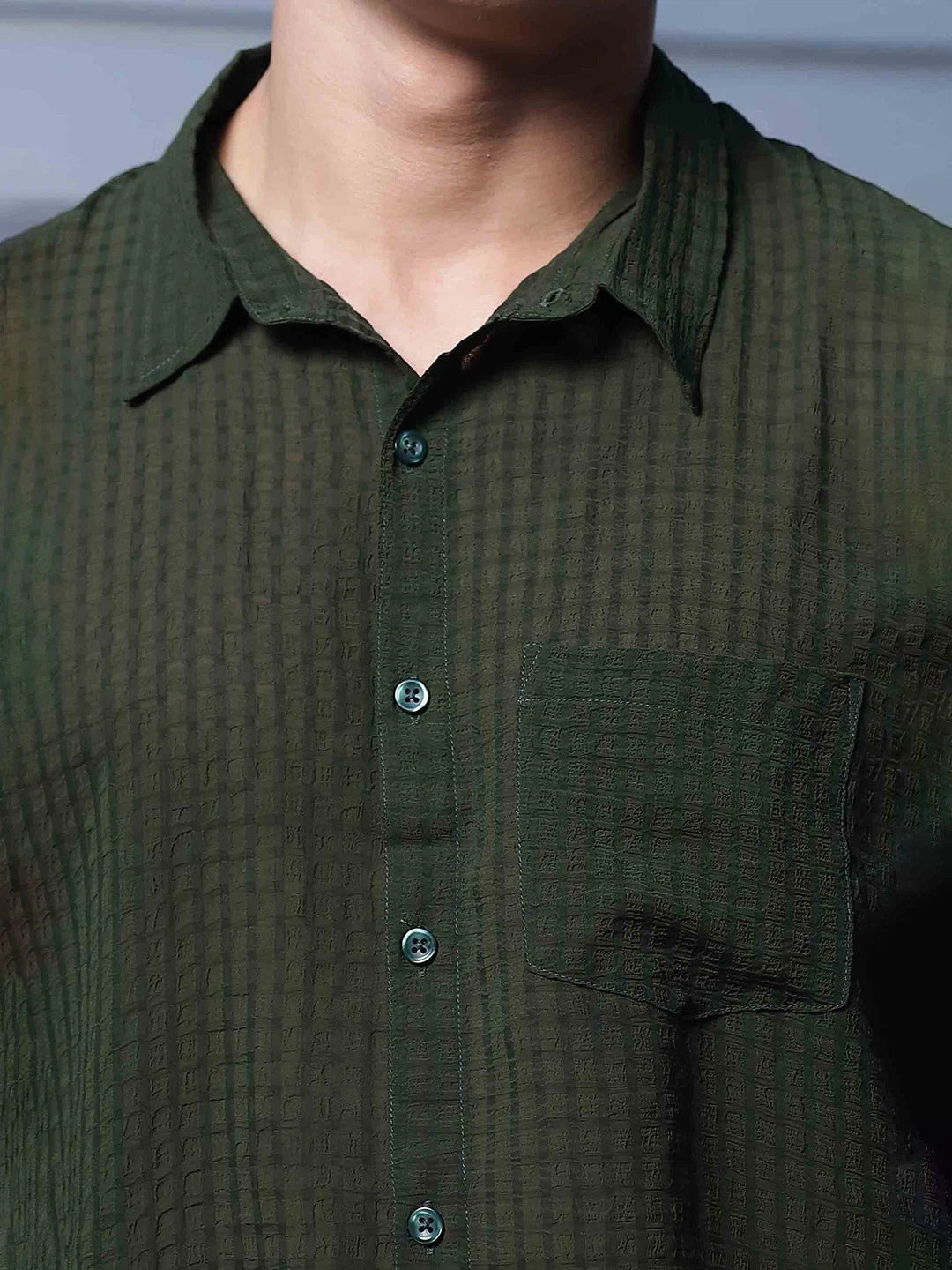 House Of Koala Olive Green Classic Semi Sheer Georgette Relaxed Fit Shirt
