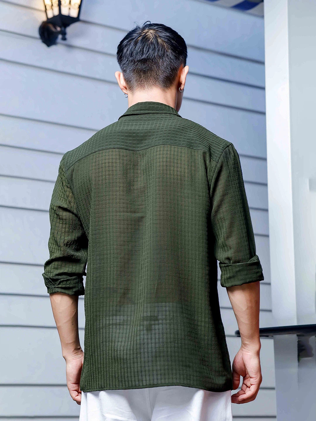 House Of Koala Olive Green Classic Semi Sheer Georgette Relaxed Fit Shirt