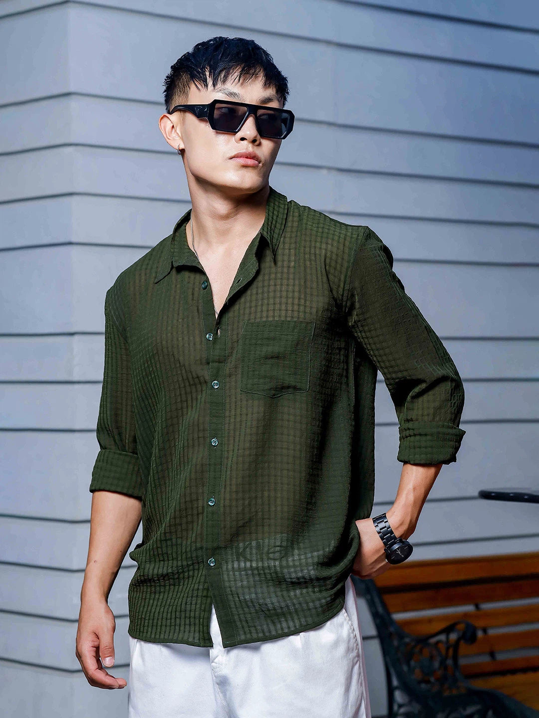 House Of Koala Olive Green Classic Semi Sheer Georgette Relaxed Fit Shirt