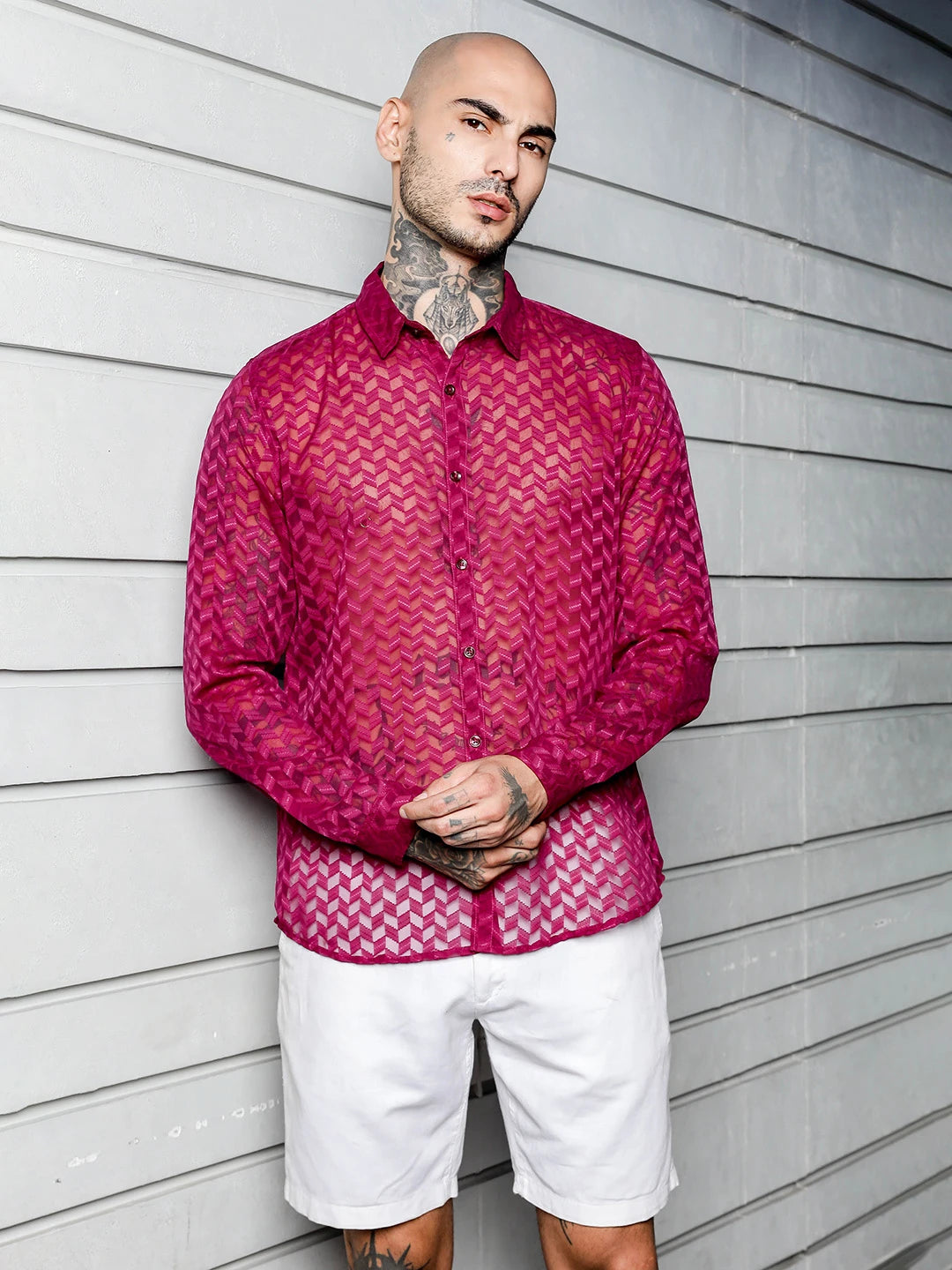 House Of Koala Pink Classic Semi Sheer Georgette Relaxed Fit Shirt