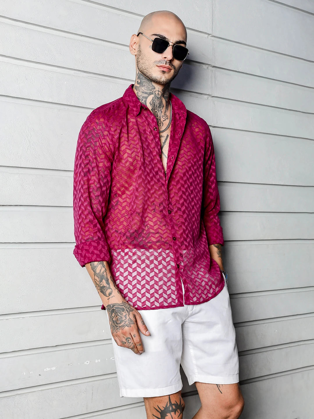 House Of Koala Pink Classic Semi Sheer Georgette Relaxed Fit Shirt