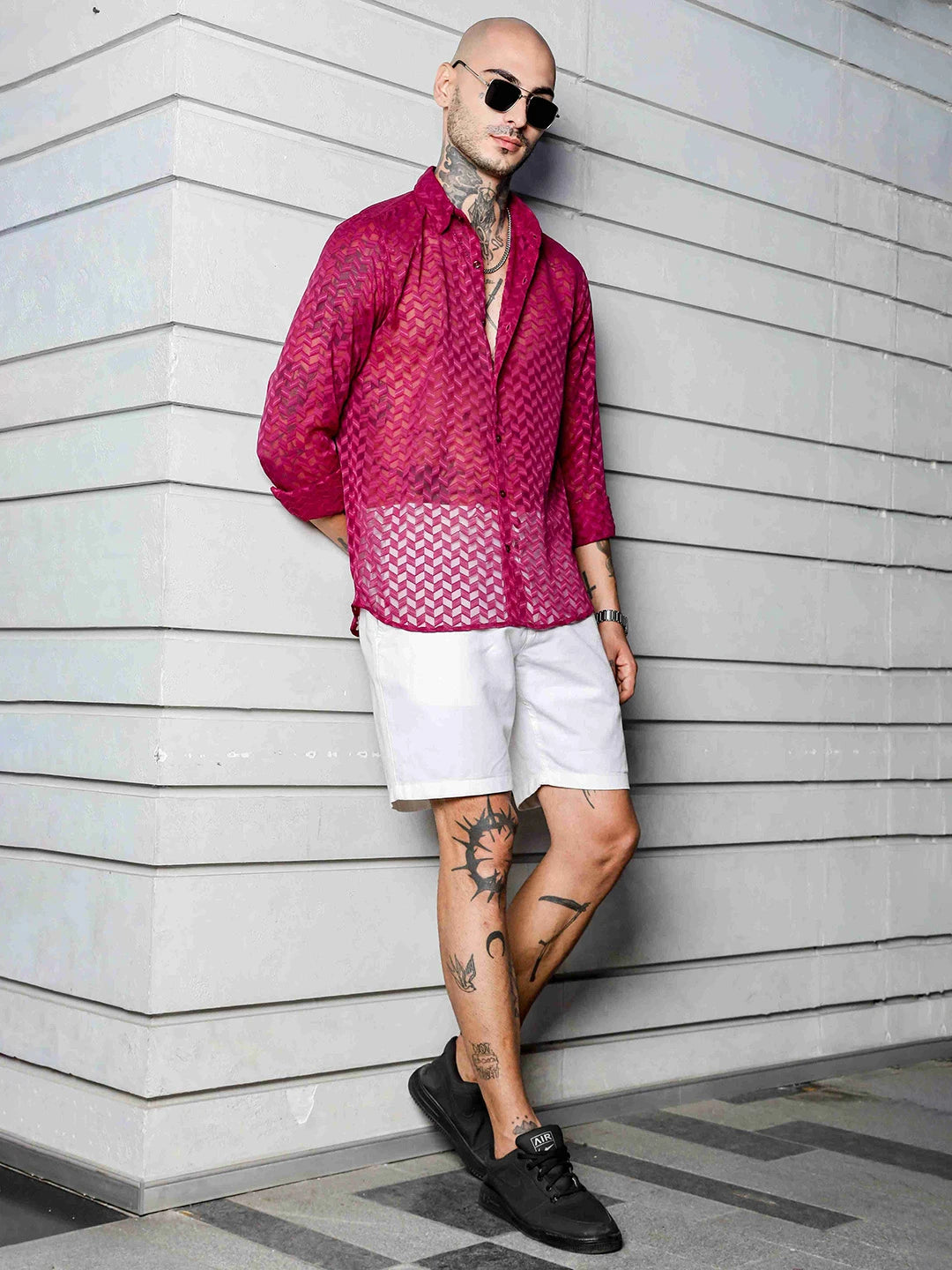 House Of Koala Pink Classic Semi Sheer Georgette Relaxed Fit Shirt