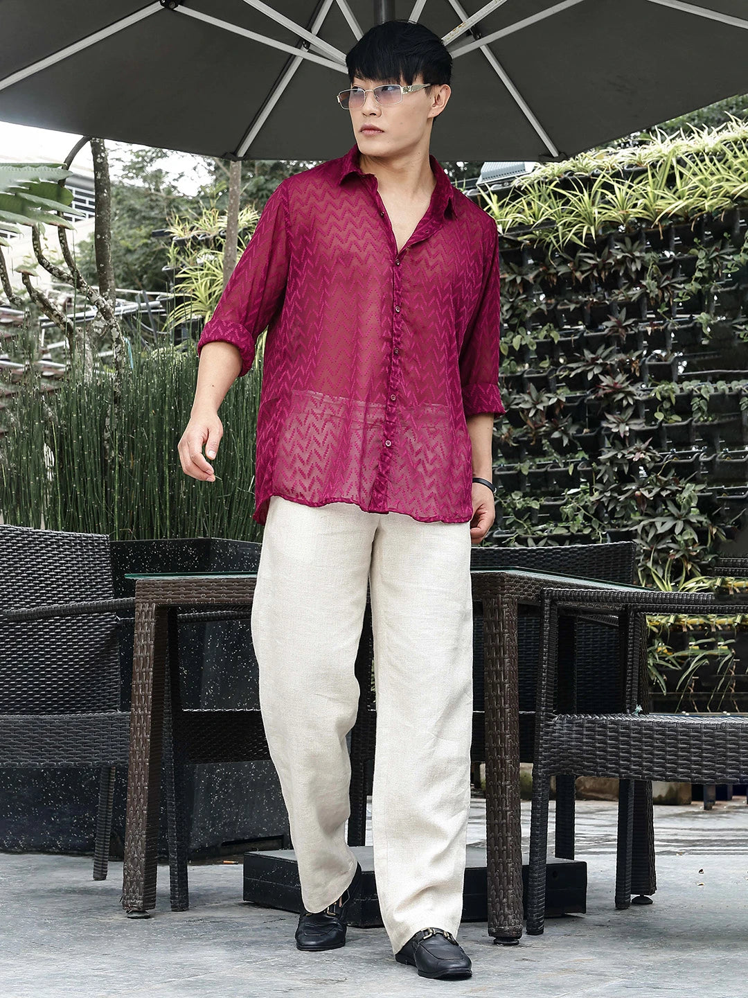 House Of Koala Pink Classic Semi Sheer Georgette Relaxed Fit Shirt 2.0
