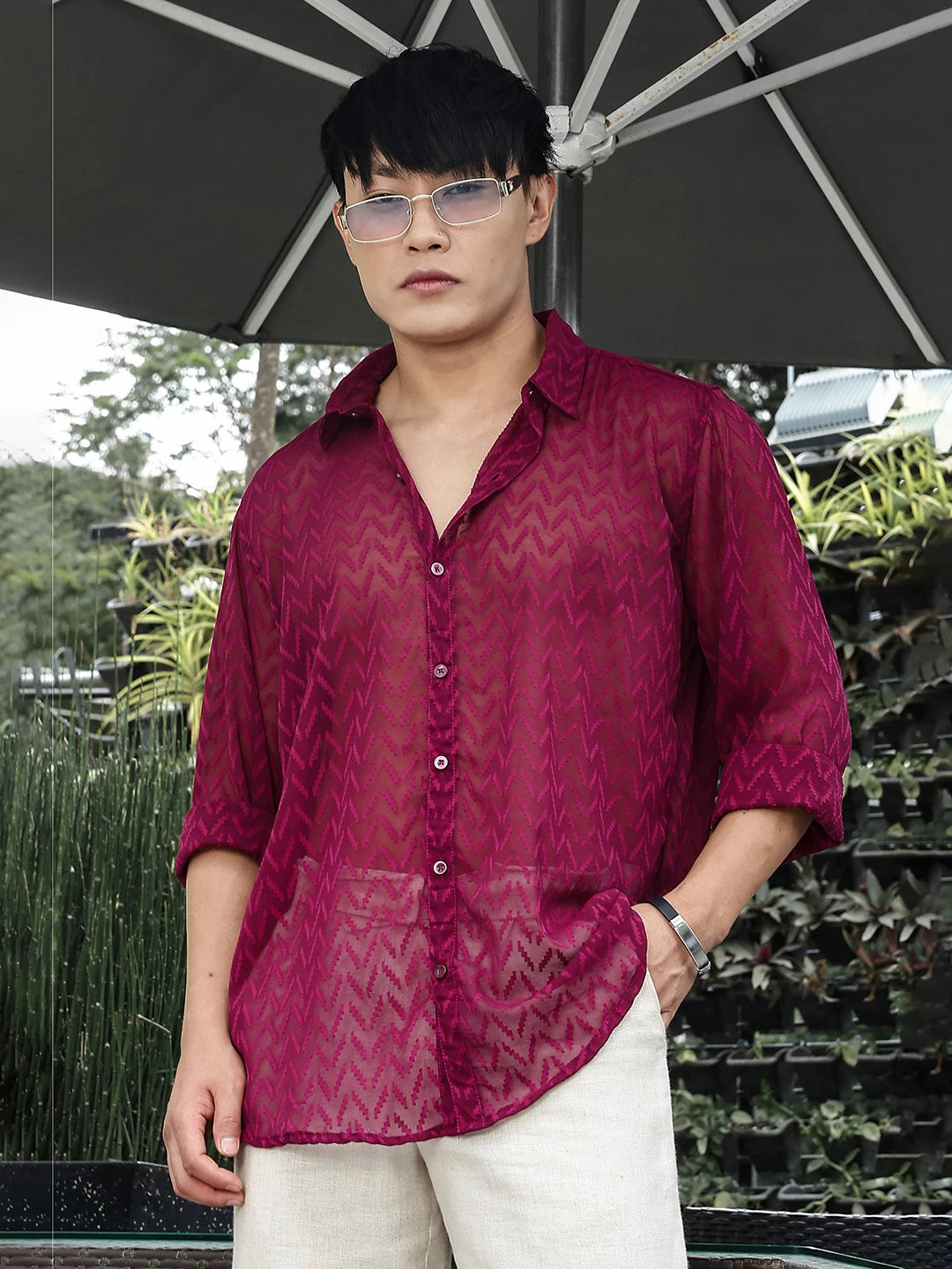 House Of Koala Pink Classic Semi Sheer Georgette Relaxed Fit Shirt 2.0