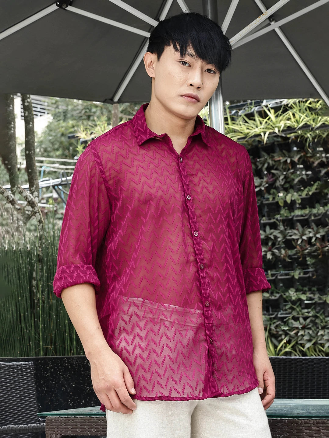 House Of Koala Pink Classic Semi Sheer Georgette Relaxed Fit Shirt 2.0