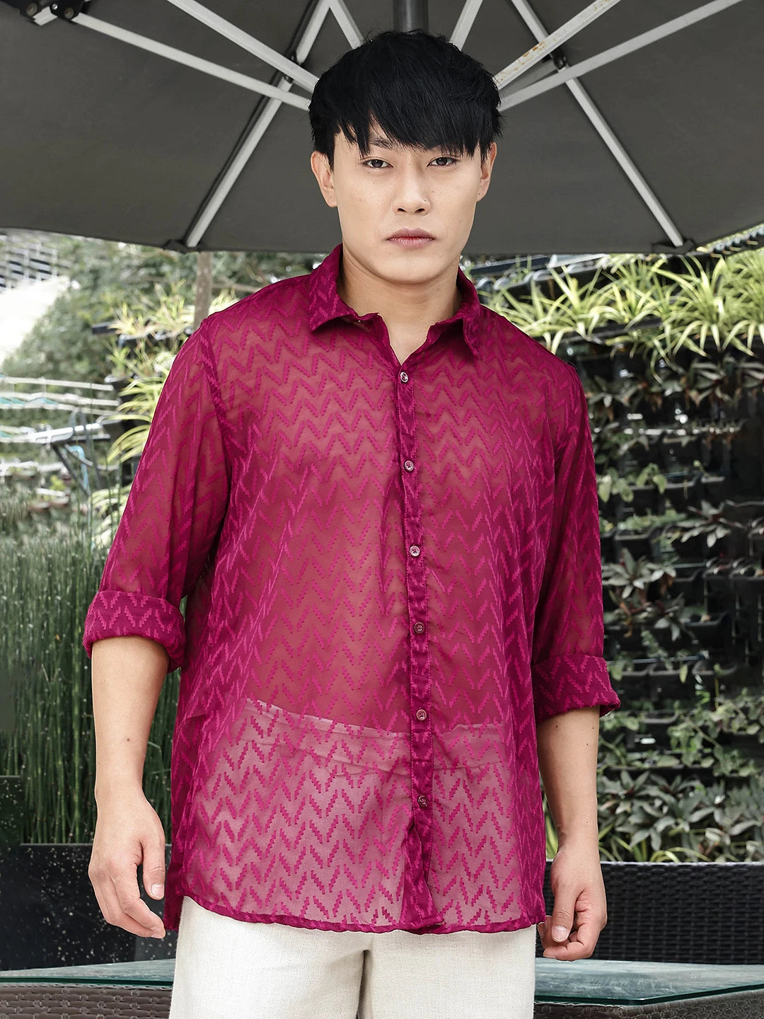 House Of Koala Pink Classic Semi Sheer Georgette Relaxed Fit Shirt 2.0