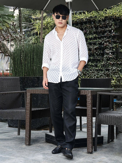 House Of Koala White Classic Semi Sheer Georgette Relaxed Fit Shirt