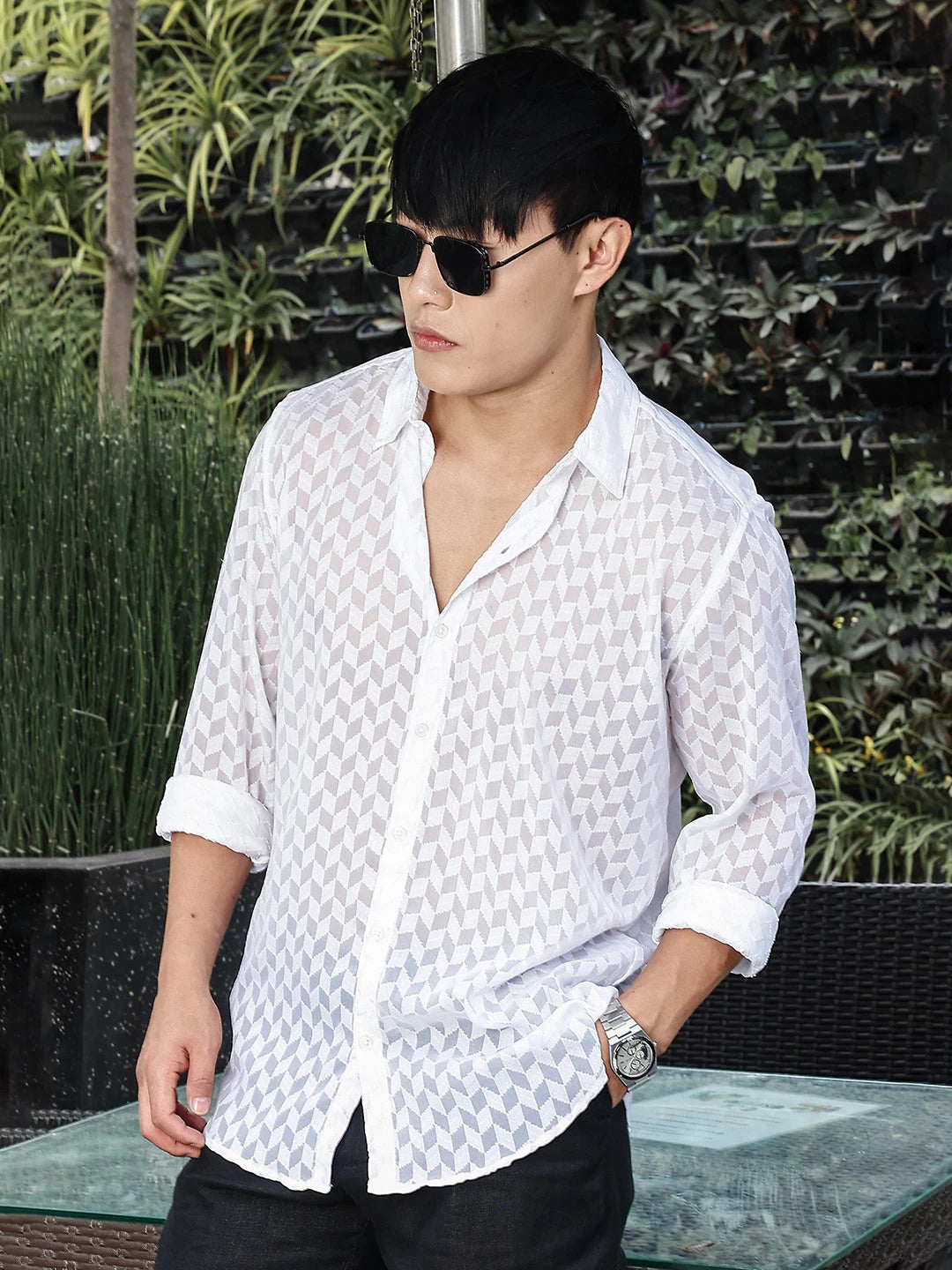 House Of Koala White Classic Semi Sheer Georgette Relaxed Fit Shirt