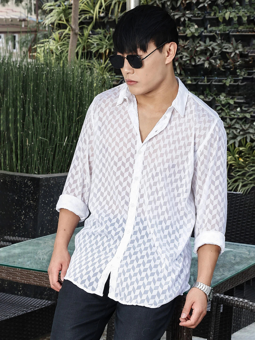 House Of Koala White Classic Semi Sheer Georgette Relaxed Fit Shirt