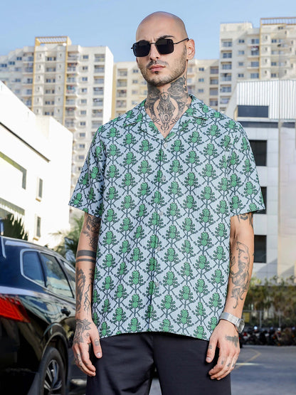 House Of Koala Green Tropical Print Textured Fabric Relaxed Fit Resort Shirt