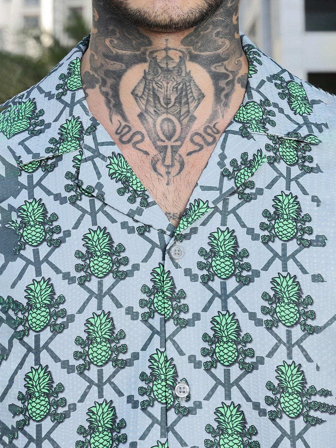 House Of Koala Green Tropical Print Textured Fabric Relaxed Fit Resort Shirt