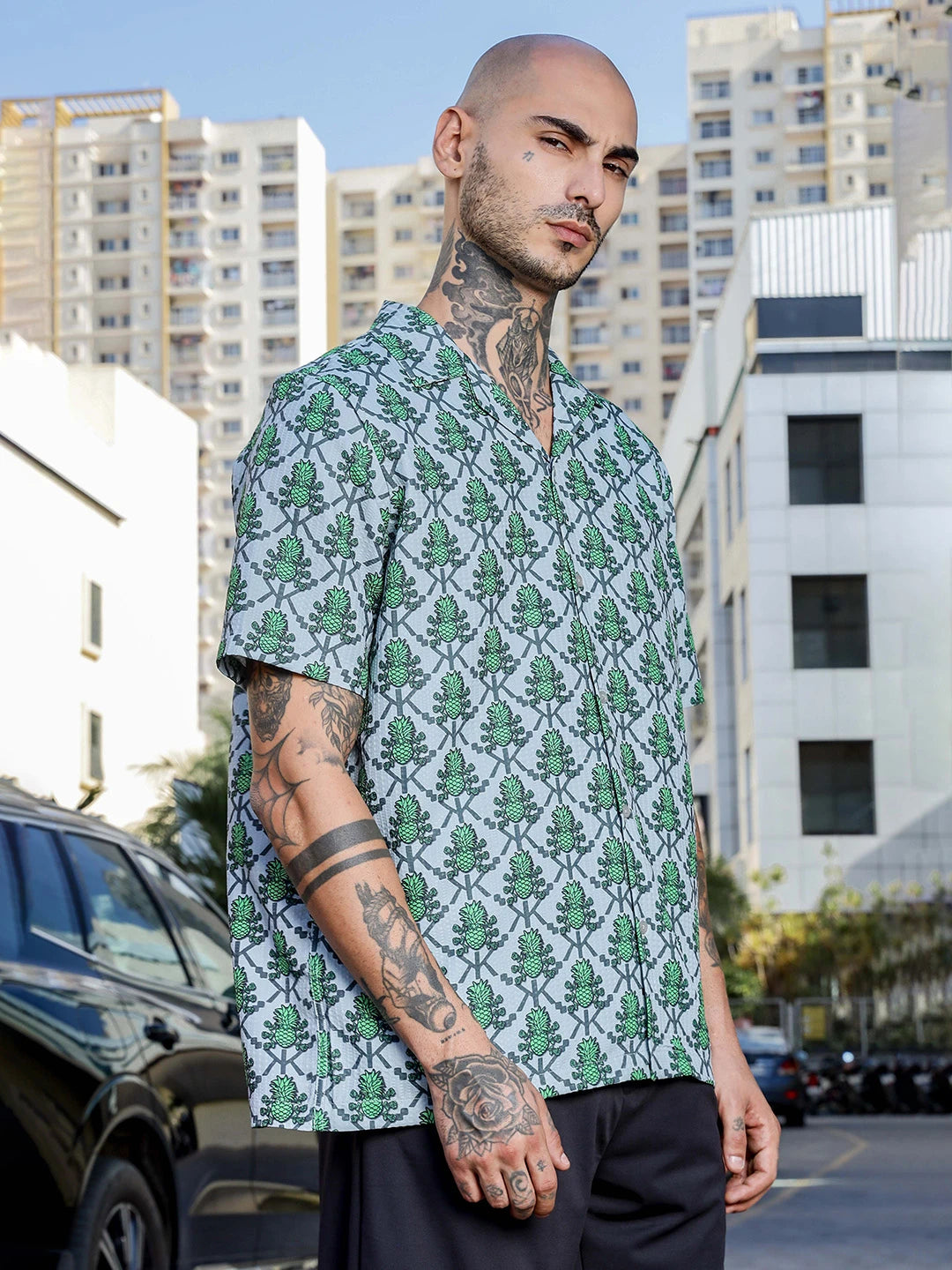 House Of Koala Green Tropical Print Textured Fabric Relaxed Fit Resort Shirt