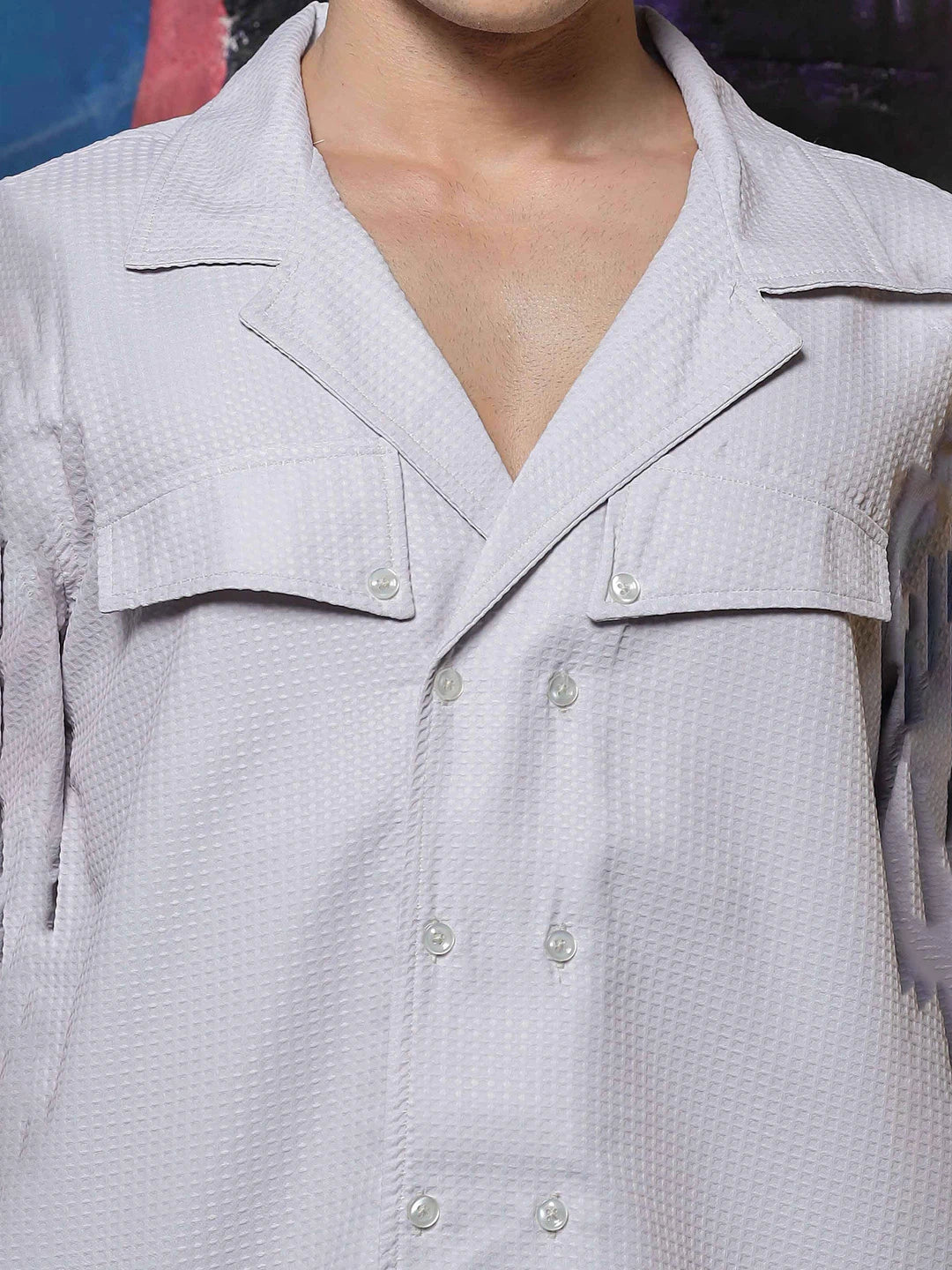 House Of Koala Grey Textured Notched Lapel Collar Regular Fit Korean Shacket Shirt