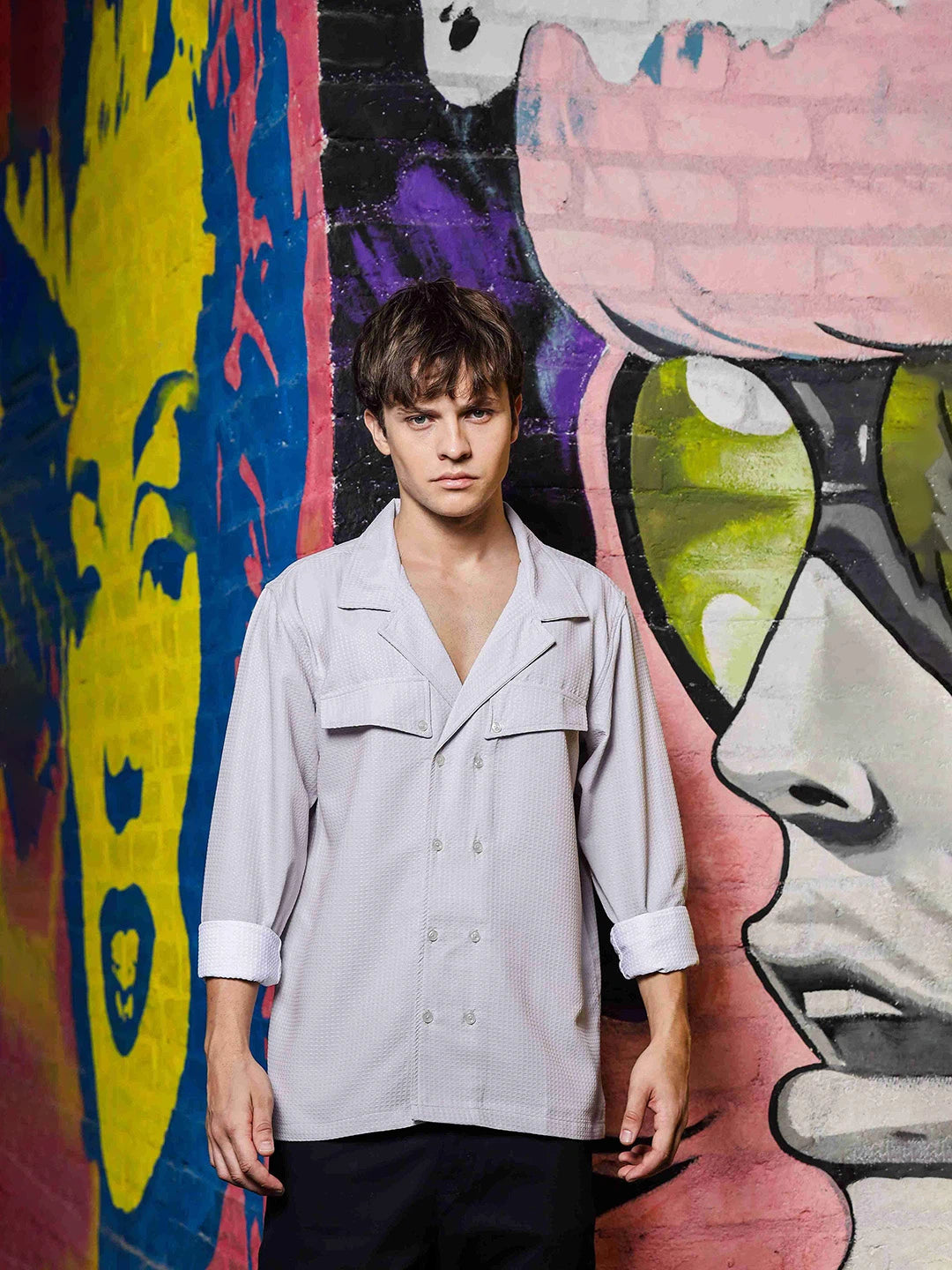 House Of Koala Grey Textured Notched Lapel Collar Regular Fit Korean Shacket Shirt