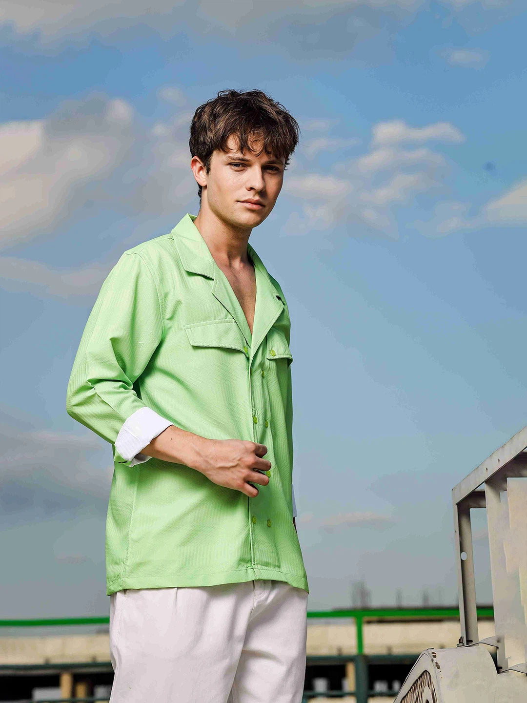 House Of Koala Lime Green Textured Notched Lapel Collar Regular Fit Korean Shacket Shirt