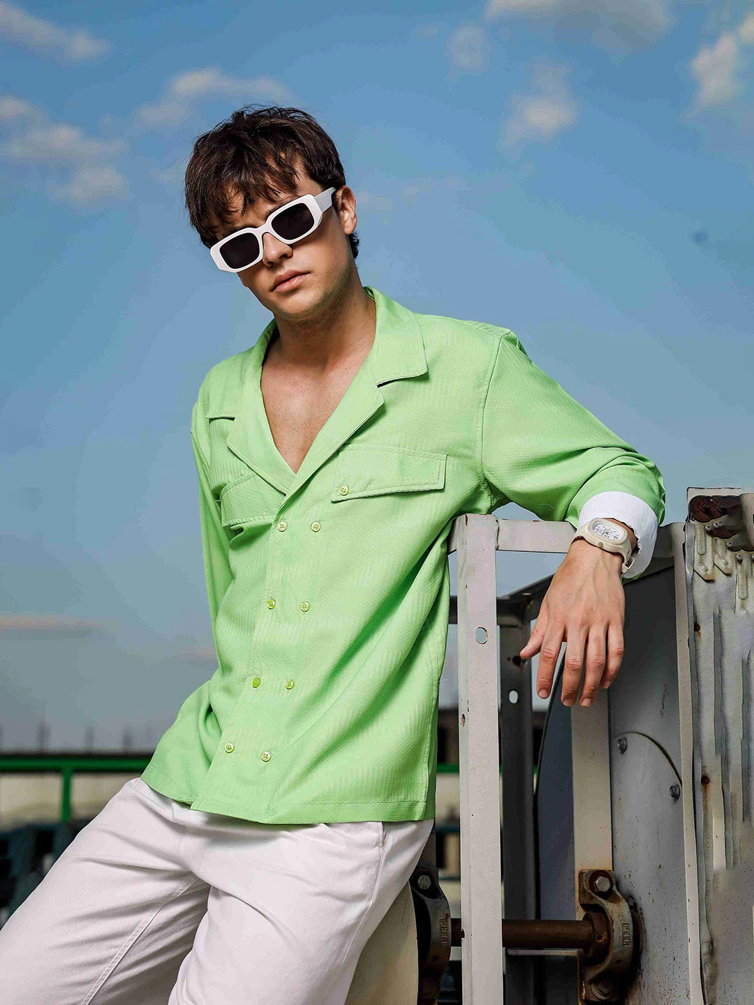 House Of Koala Lime Green Textured Notched Lapel Collar Regular Fit Korean Shacket Shirt
