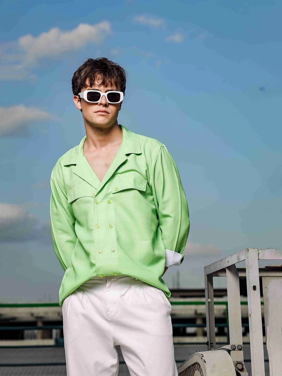 House Of Koala Lime Green Textured Notched Lapel Collar Regular Fit Korean Shacket Shirt