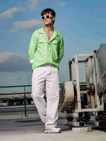 House Of Koala Lime Green Textured Notched Lapel Collar Regular Fit Korean Shacket Shirt