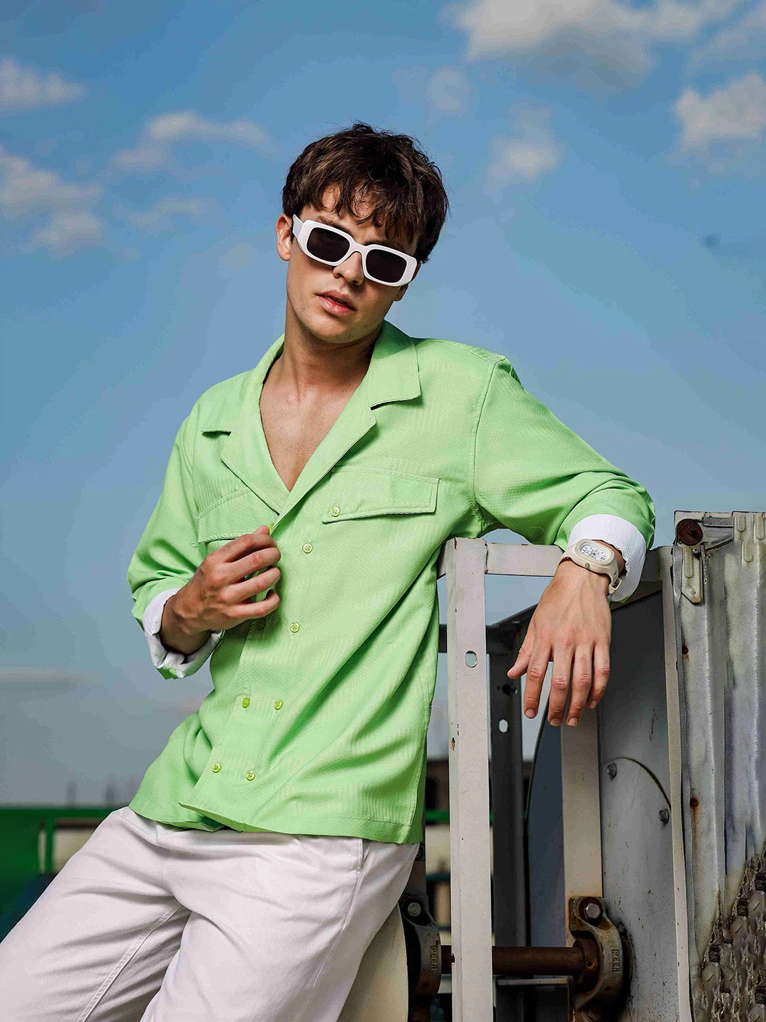 House Of Koala Lime Green Textured Notched Lapel Collar Regular Fit Korean Shacket Shirt