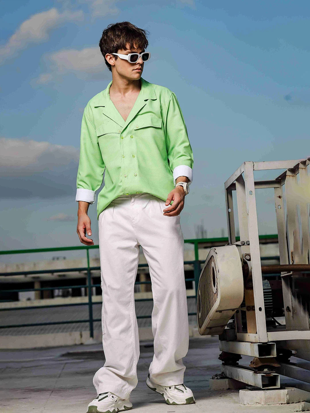 House Of Koala Lime Green Textured Notched Lapel Collar Regular Fit Korean Shacket Shirt