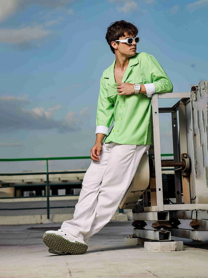 House Of Koala Lime Green Textured Notched Lapel Collar Regular Fit Korean Shacket Shirt