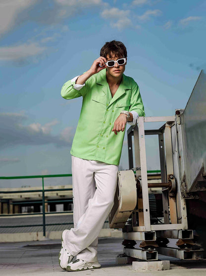 House Of Koala Lime Green Textured Notched Lapel Collar Regular Fit Korean Shacket Shirt