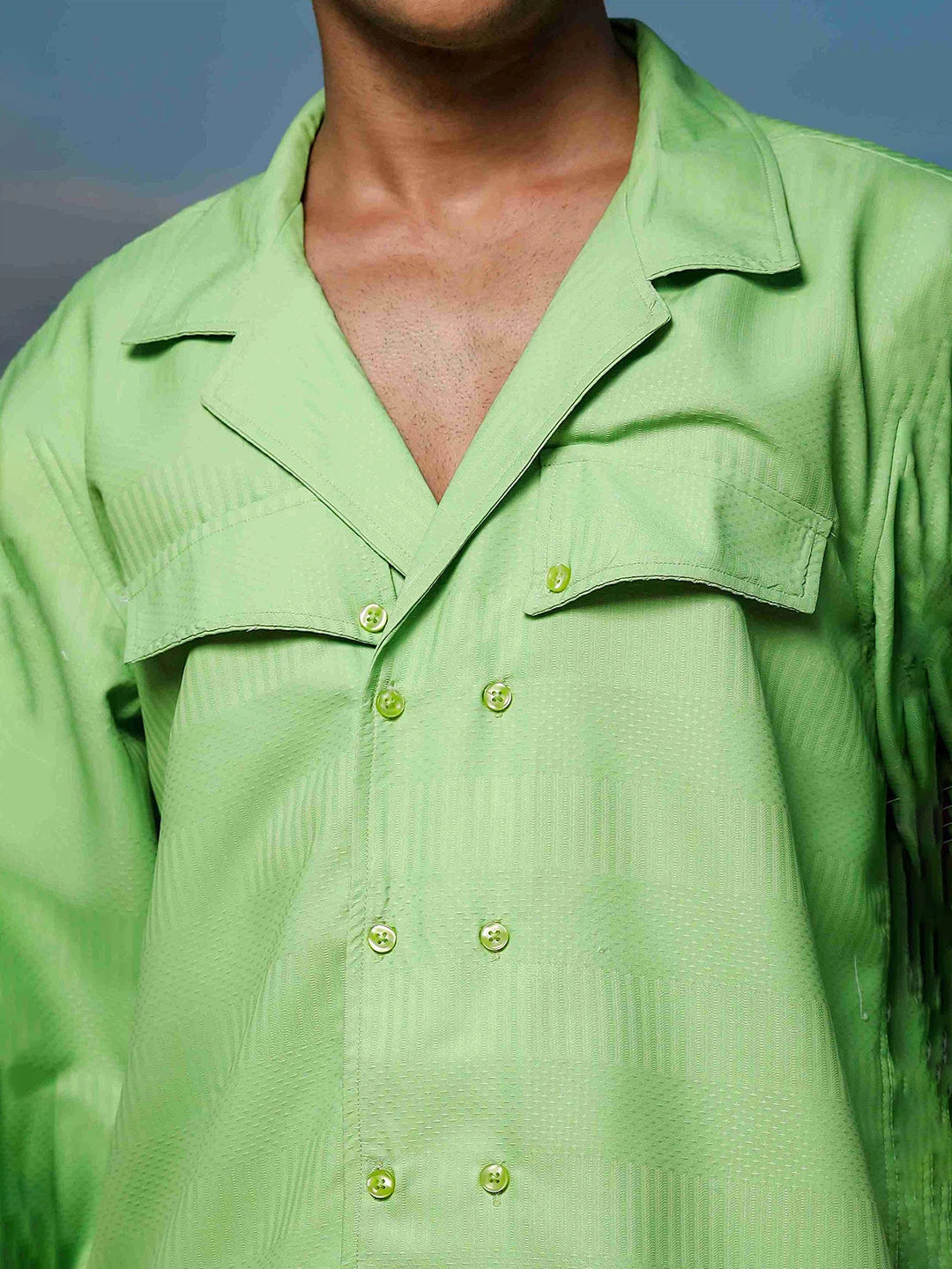 House Of Koala Lime Green Textured Notched Lapel Collar Regular Fit Korean Shacket Shirt