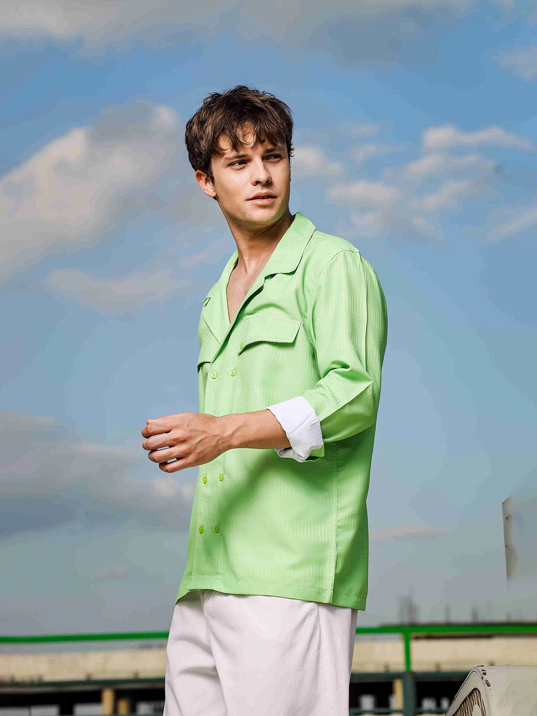 House Of Koala Lime Green Textured Notched Lapel Collar Regular Fit Korean Shacket Shirt