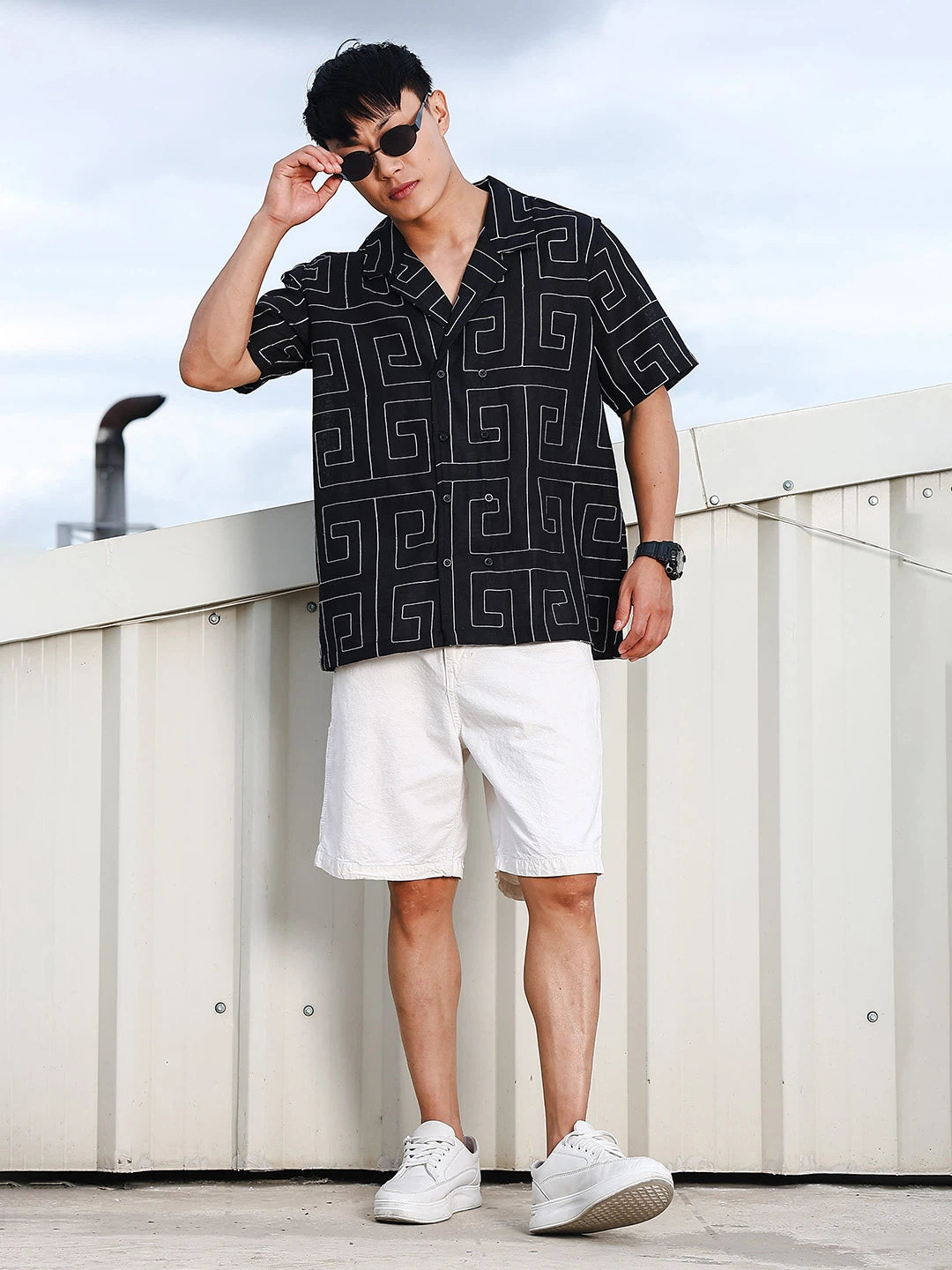 House Of Koala Linen Blend Black Korean Embroidered Notched Lapel Collar Resort Shirt