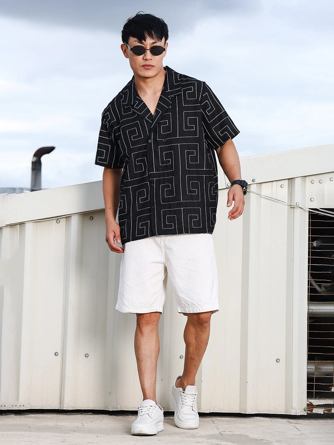 House Of Koala Linen Blend Black Korean Embroidered Notched Lapel Collar Resort Shirt