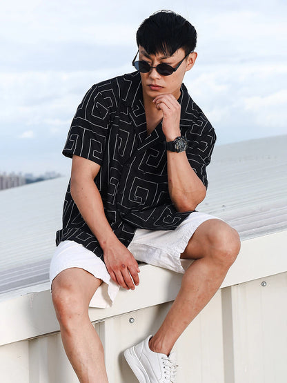 House Of Koala Linen Blend Black Korean Embroidered Notched Lapel Collar Resort Shirt