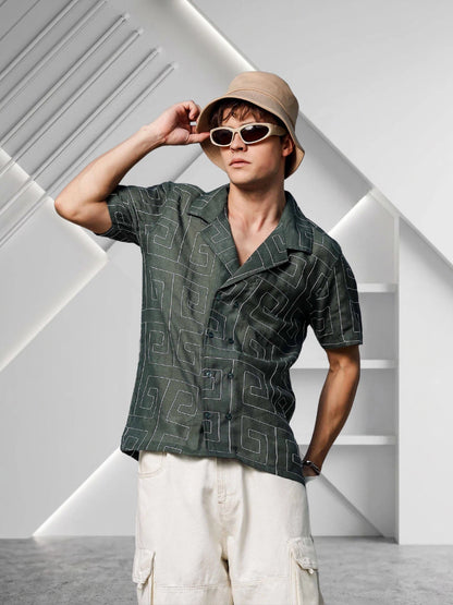 House Of Koala Olive Korean Linen Blend Embroidered Notched Lapel Collar Resort Shirt