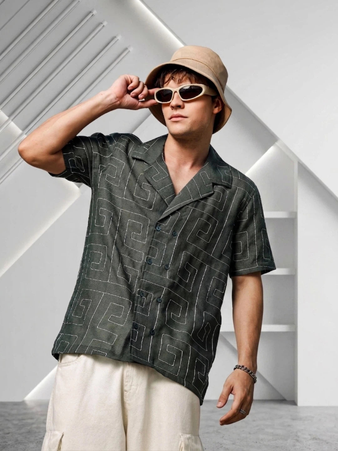 House Of Koala Olive Korean Linen Blend Embroidered Notched Lapel Collar Resort Shirt