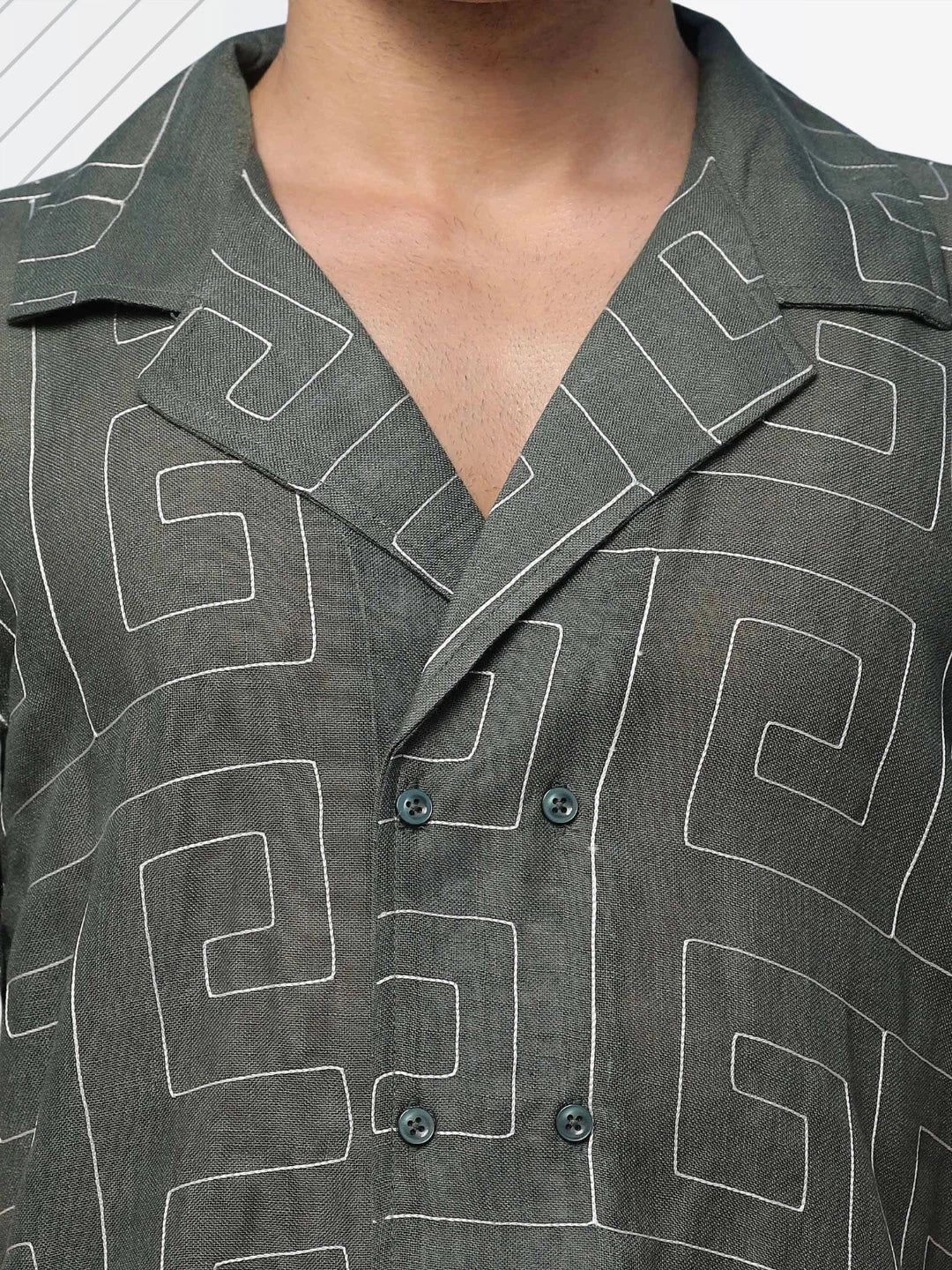 House Of Koala Olive Korean Linen Blend Embroidered Notched Lapel Collar Resort Shirt