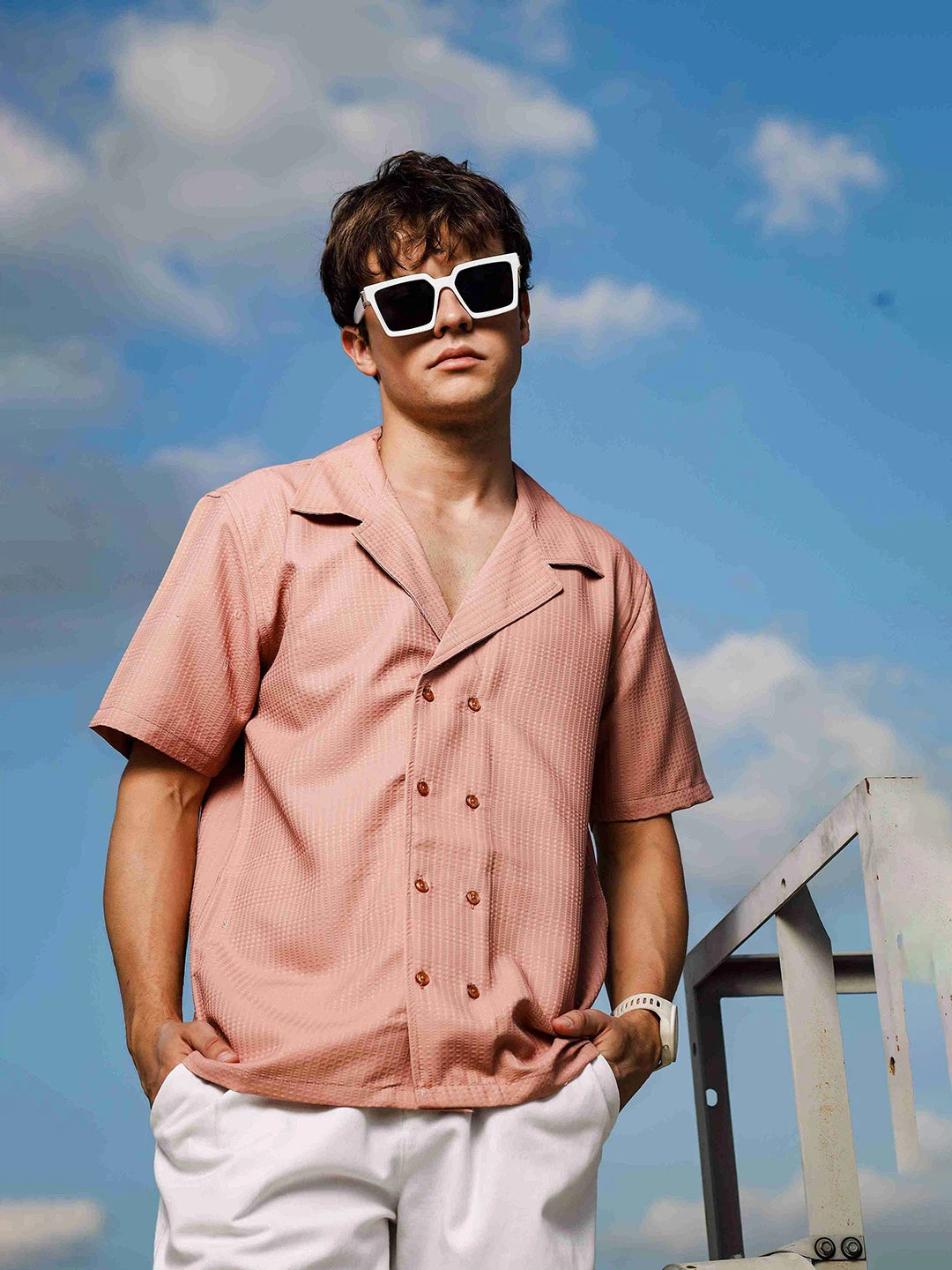 House Of Koala Peach Textured Fabric Korean Notched Lapel Collar Relaxed Fit Resort Shirt