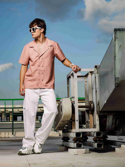House Of Koala Peach Textured Fabric Korean Notched Lapel Collar Relaxed Fit Resort Shirt