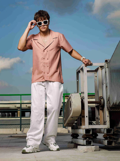 House Of Koala Peach Textured Fabric Korean Notched Lapel Collar Relaxed Fit Resort Shirt