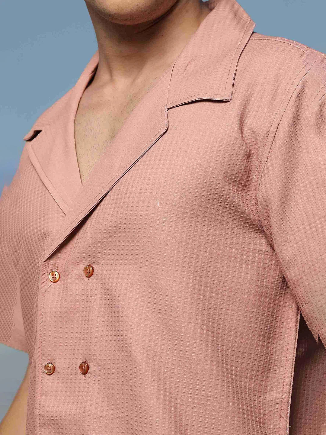 House Of Koala Peach Textured Fabric Korean Notched Lapel Collar Relaxed Fit Resort Shirt