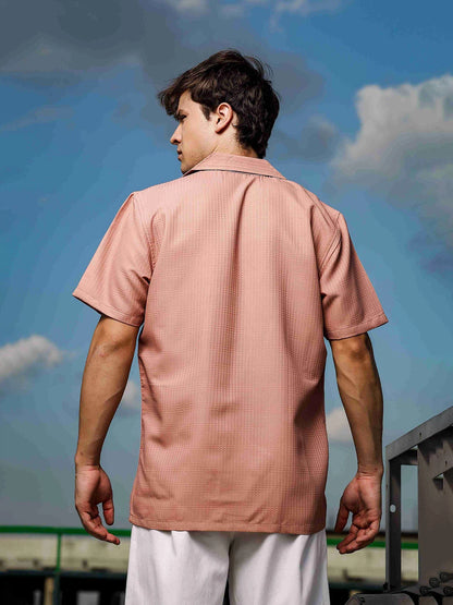 House Of Koala Peach Textured Fabric Korean Notched Lapel Collar Relaxed Fit Resort Shirt