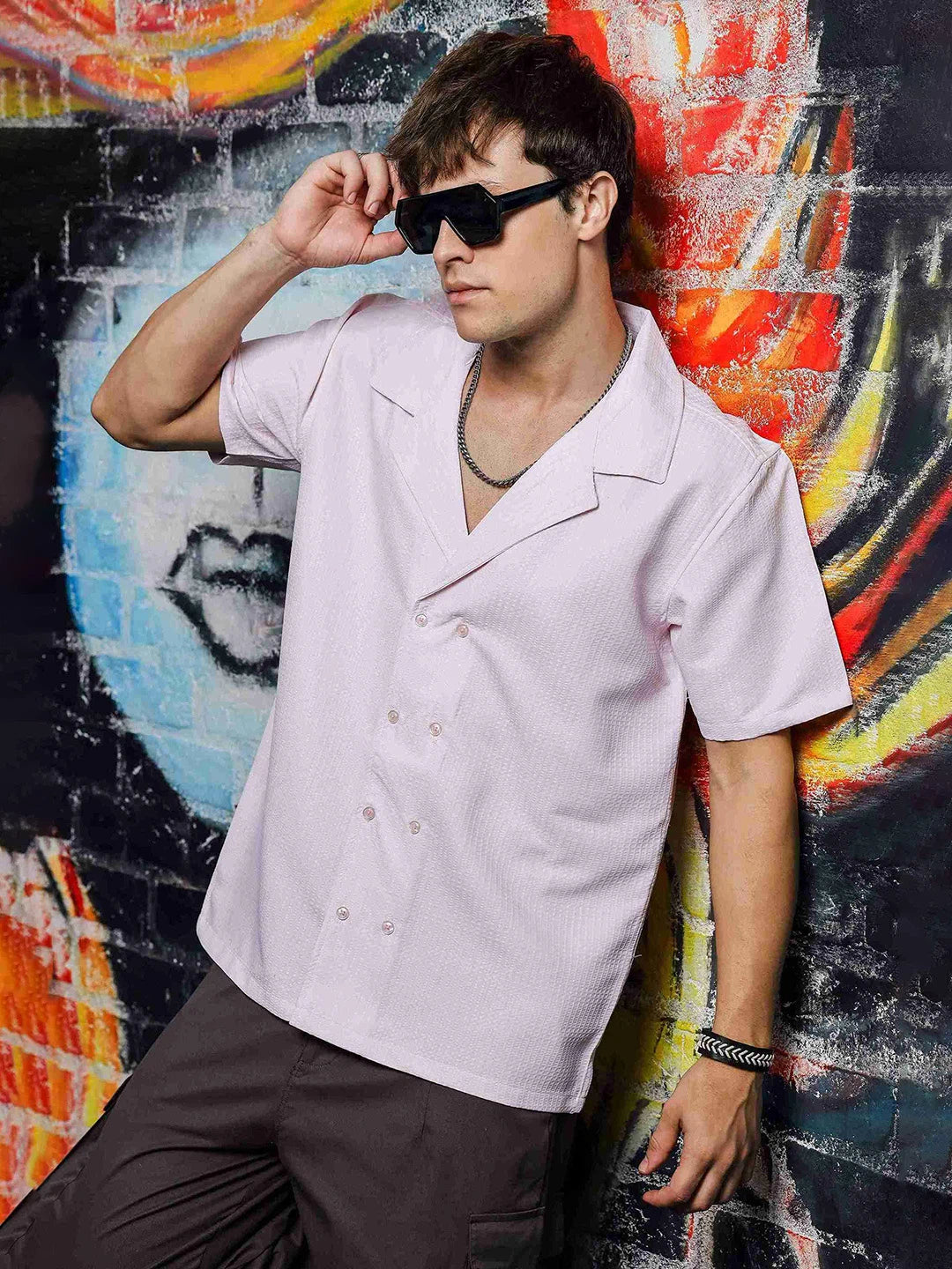 House Of Koala Textured Pink Korean Cuban Collar Resort Shirt