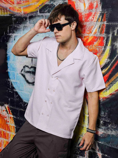House Of Koala Textured Pink Korean Cuban Collar Resort Shirt