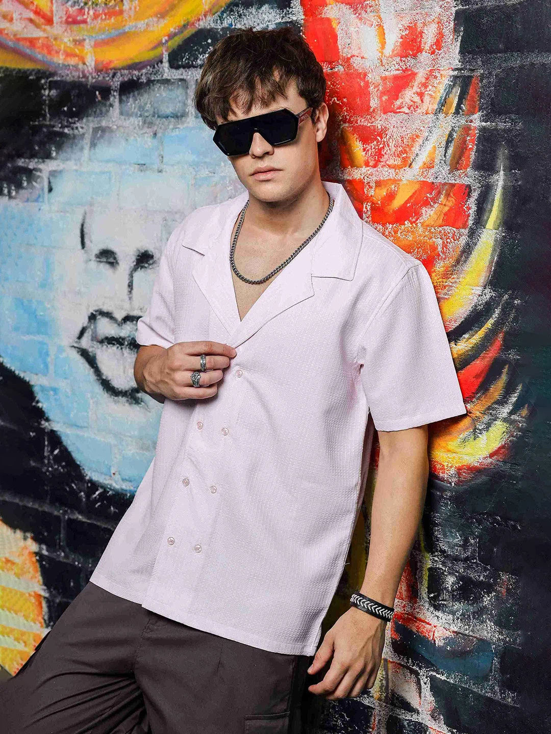 House Of Koala Textured Pink Korean Cuban Collar Resort Shirt