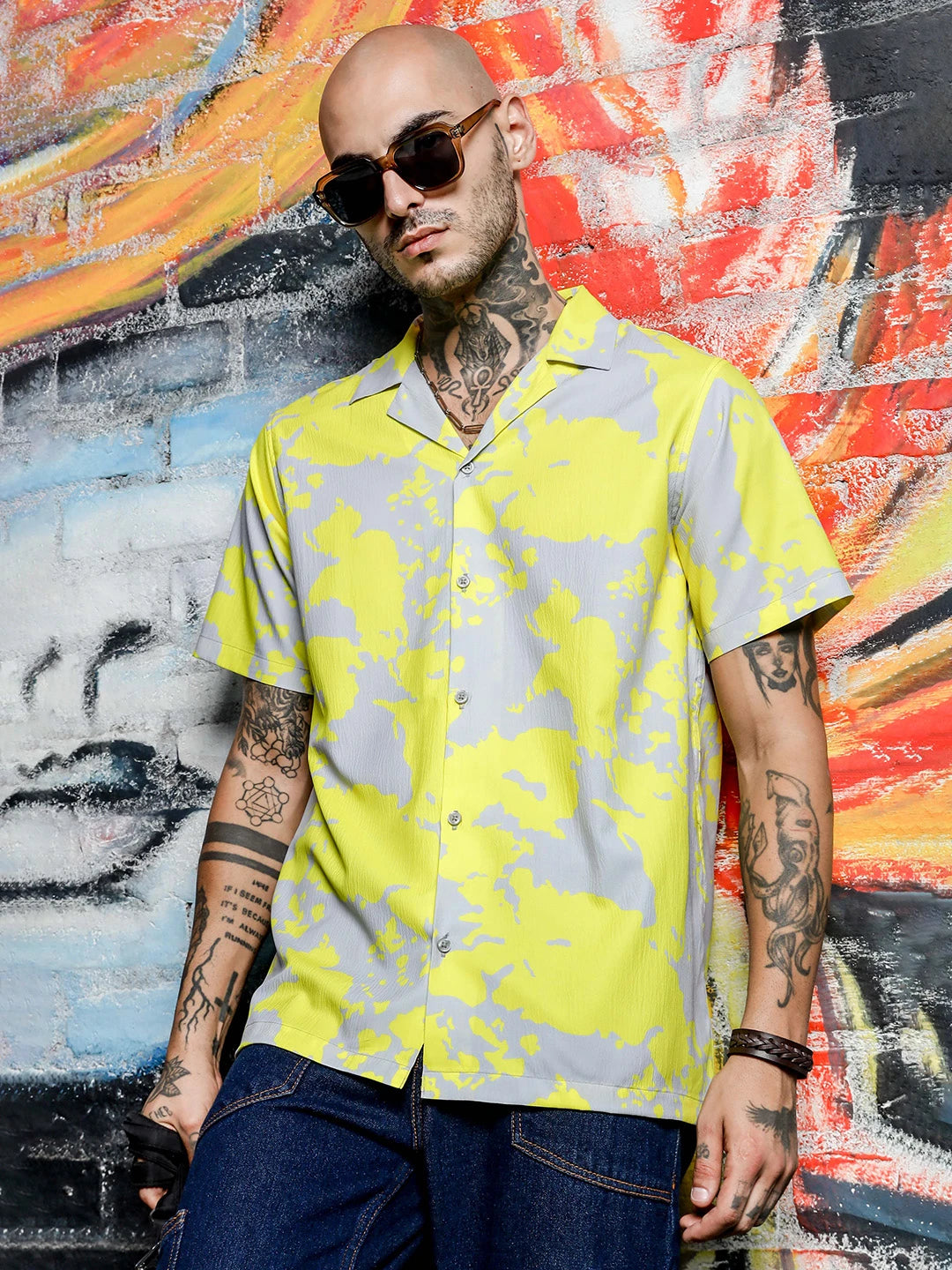 House Of Koala Oversized Fit Cuban Collar Abstract Printed Casual Shirt
