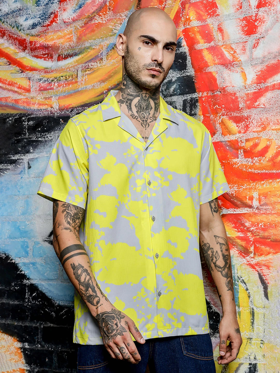House Of Koala Oversized Fit Cuban Collar Abstract Printed Casual Shirt