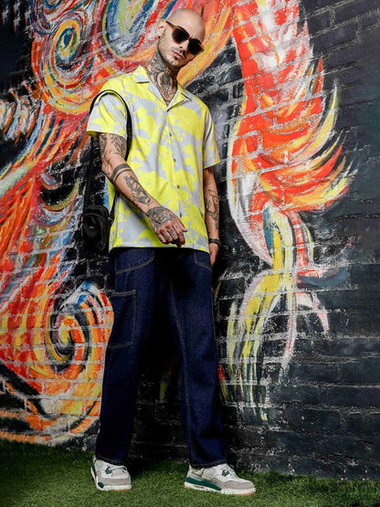 House Of Koala Oversized Fit Cuban Collar Abstract Printed Casual Shirt