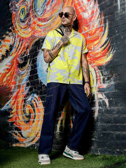 House Of Koala Oversized Fit Cuban Collar Abstract Printed Casual Shirt
